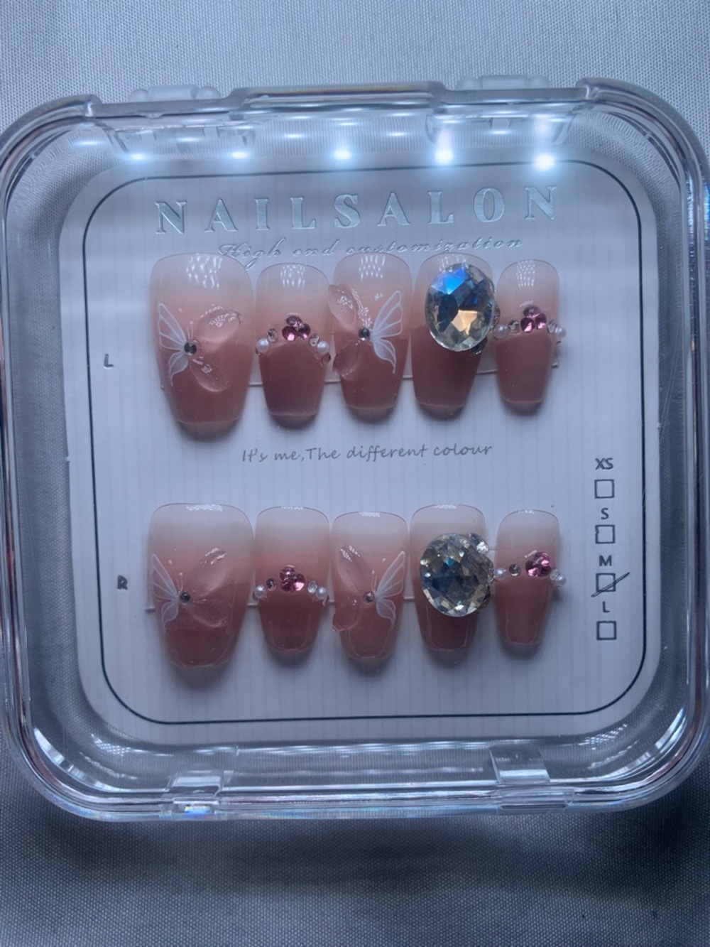 Press-On Nail Set with Butterfly Art & Rhinestones - Nude Pink